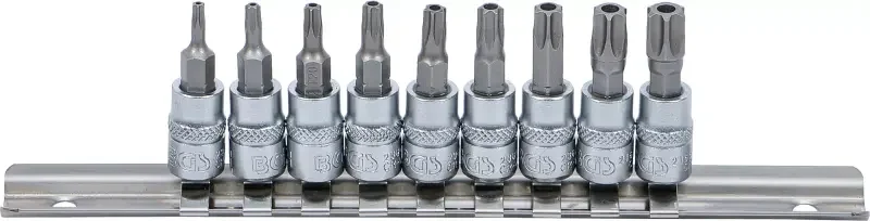 Zástrčné hlavice 1/4" T-Profil s vrtáním T10 ÷ T50 BGS102165 Sada 9 dílů na kolejnici (BGS102165) Nízká Cena