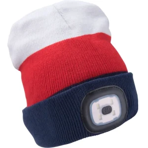 Zlevněný EXTOL LIGHT čepice s čelovkou 4x45lm, USB nabíjení, bílo-červeno-modrá, univerzální velikost, 73% acryl a 27% polyester, 43450