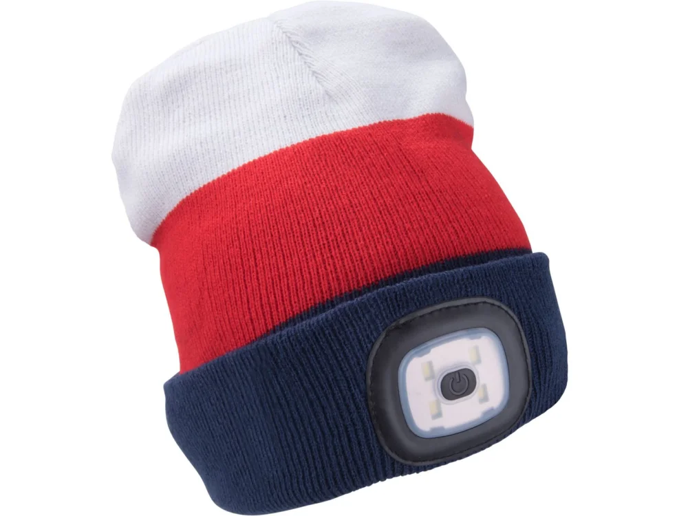 Zlevněný EXTOL LIGHT čepice s čelovkou 4x45lm, USB nabíjení, bílo-červeno-modrá, univerzální velikost, 73% acryl a 27% polyester, 43450